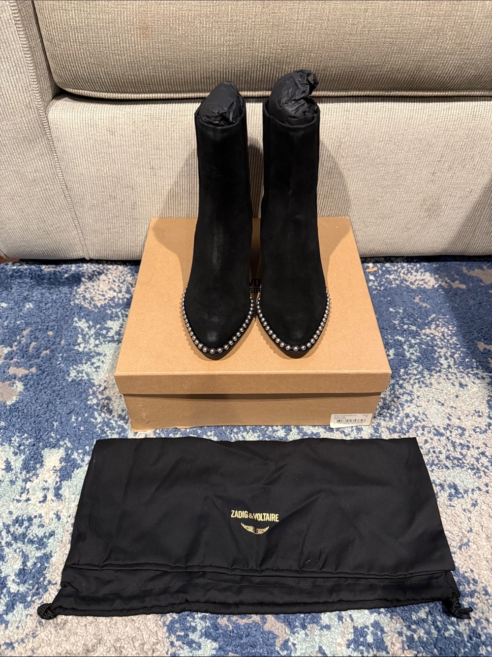 Zadig & Voltaire Black Suede Studded Pointed Ankle Booties size 7